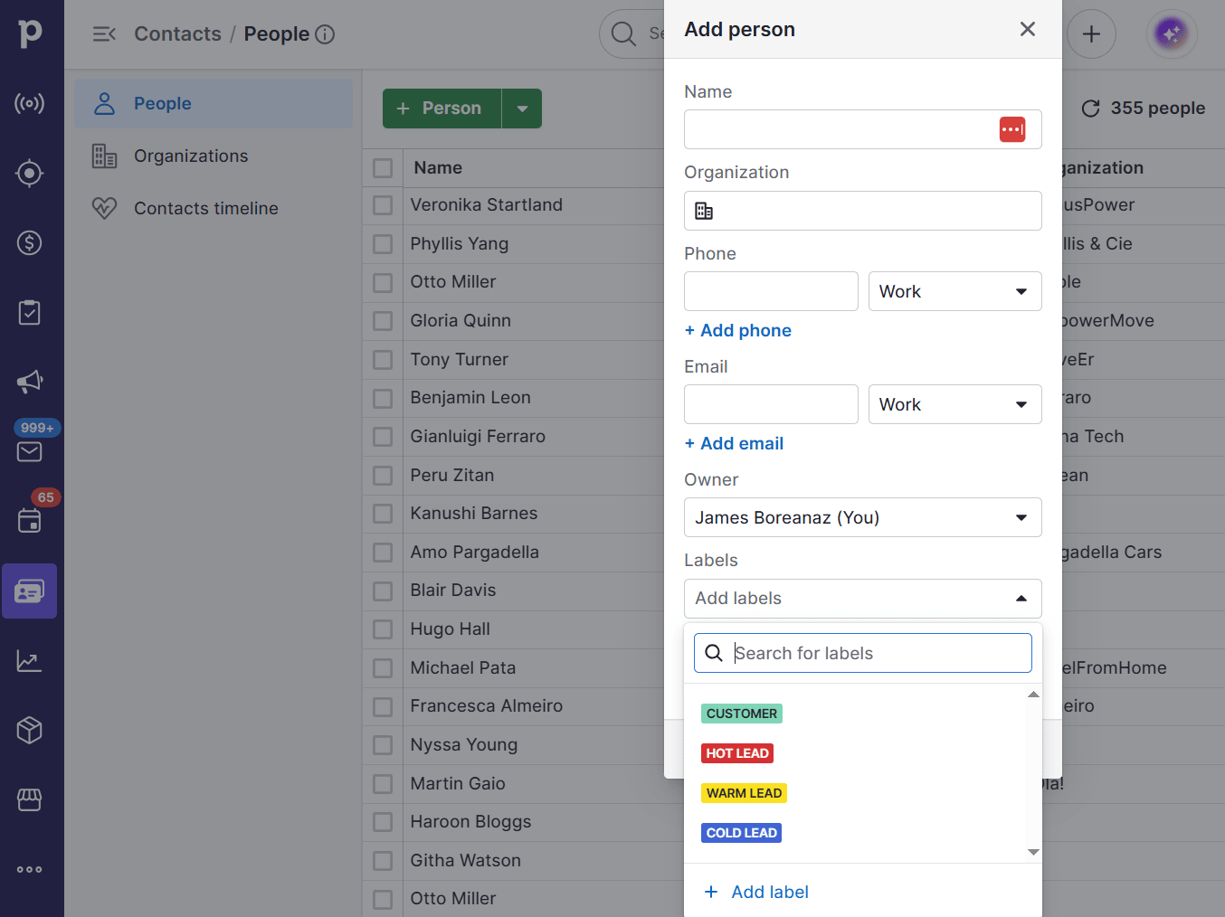 Psychographics in marketing add label in Pipedrive