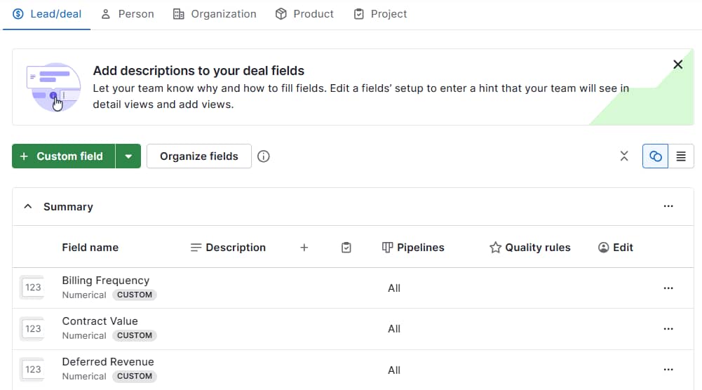 Revenue recognition software Pipedrive custom fields