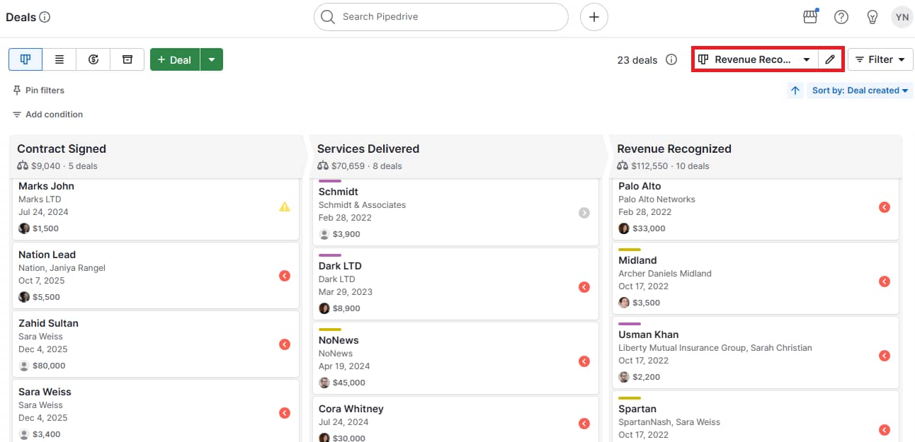 Revenue recognition software Pipedrive custom pipeline