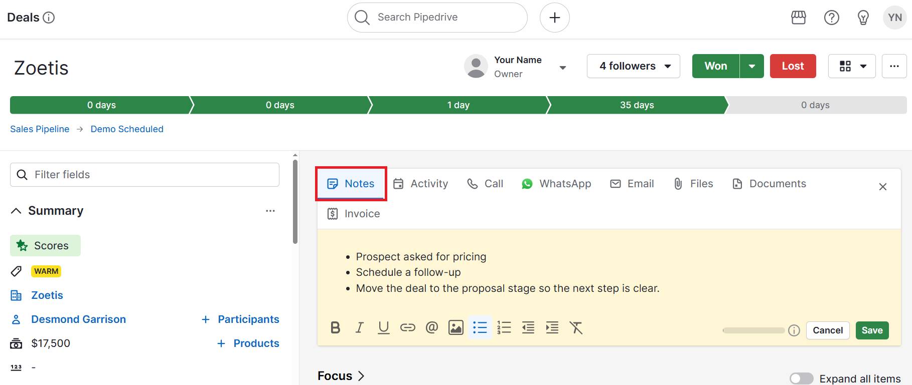SMB sales Pipedrive custom notes