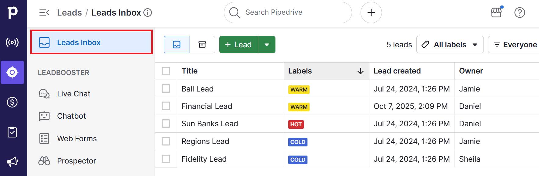 SaaS sales Pipedrive Leads Inbox