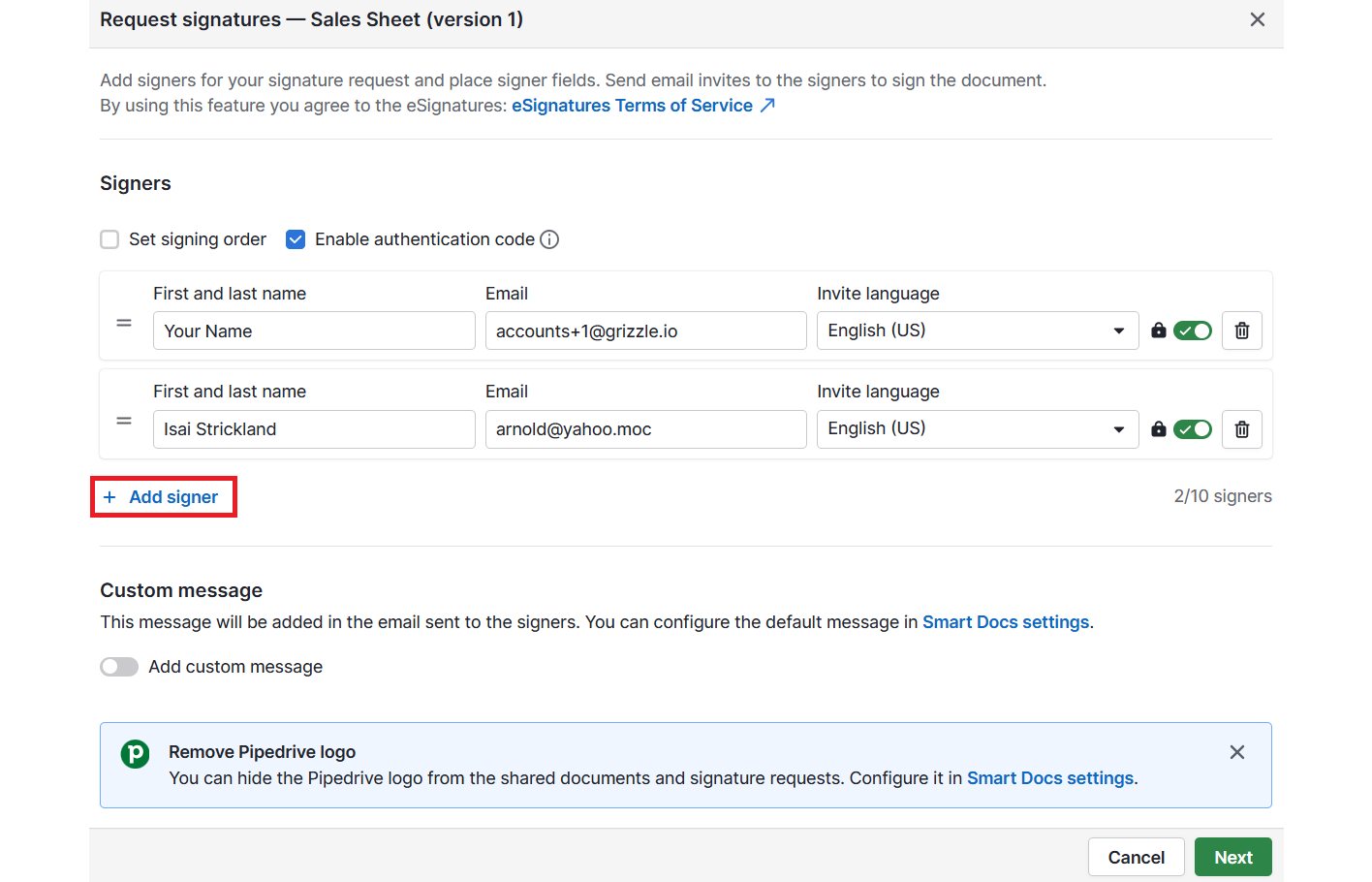 Sales Sheet Pipedrive e-signatures add signer