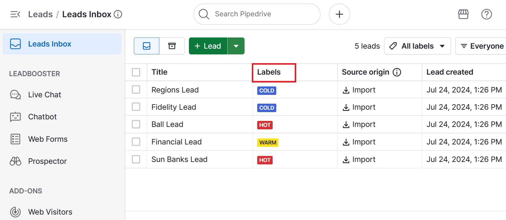  Sales activities Pipedrive lead scoring labels