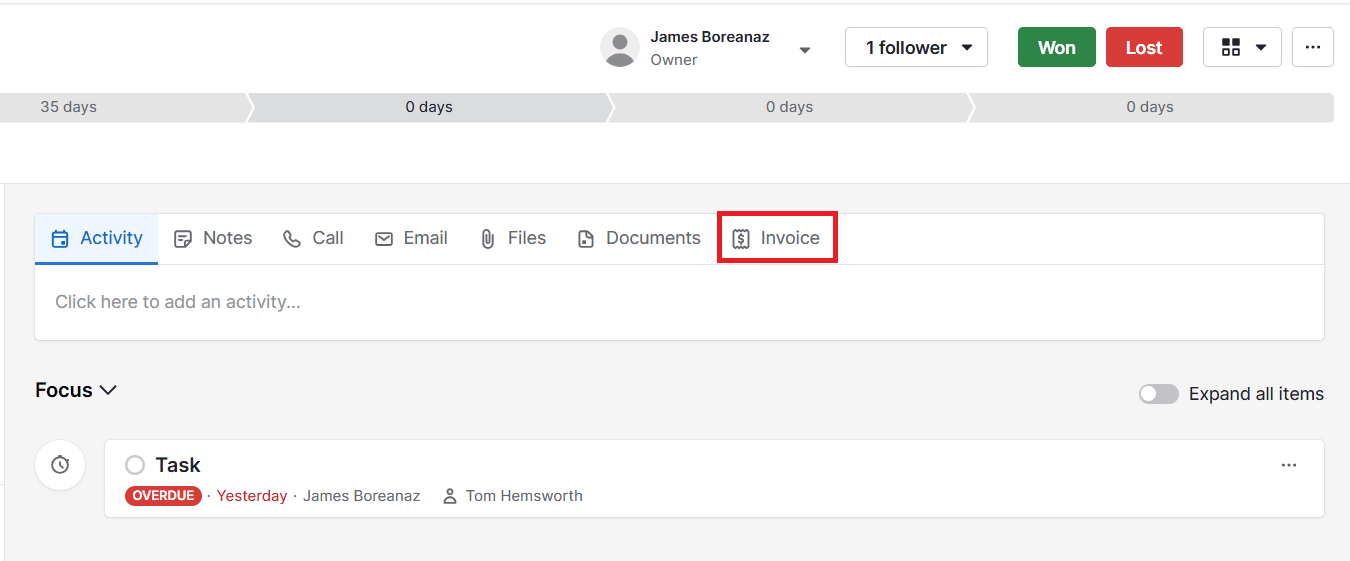 Sales agreement Pipedrive invoice attachment