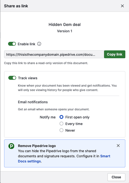 Sales brochure tracking Pipedrive Smart Docs