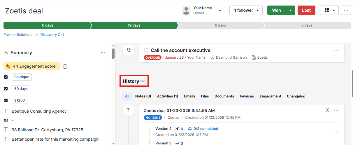 Sales business development Pipedrive contact history
