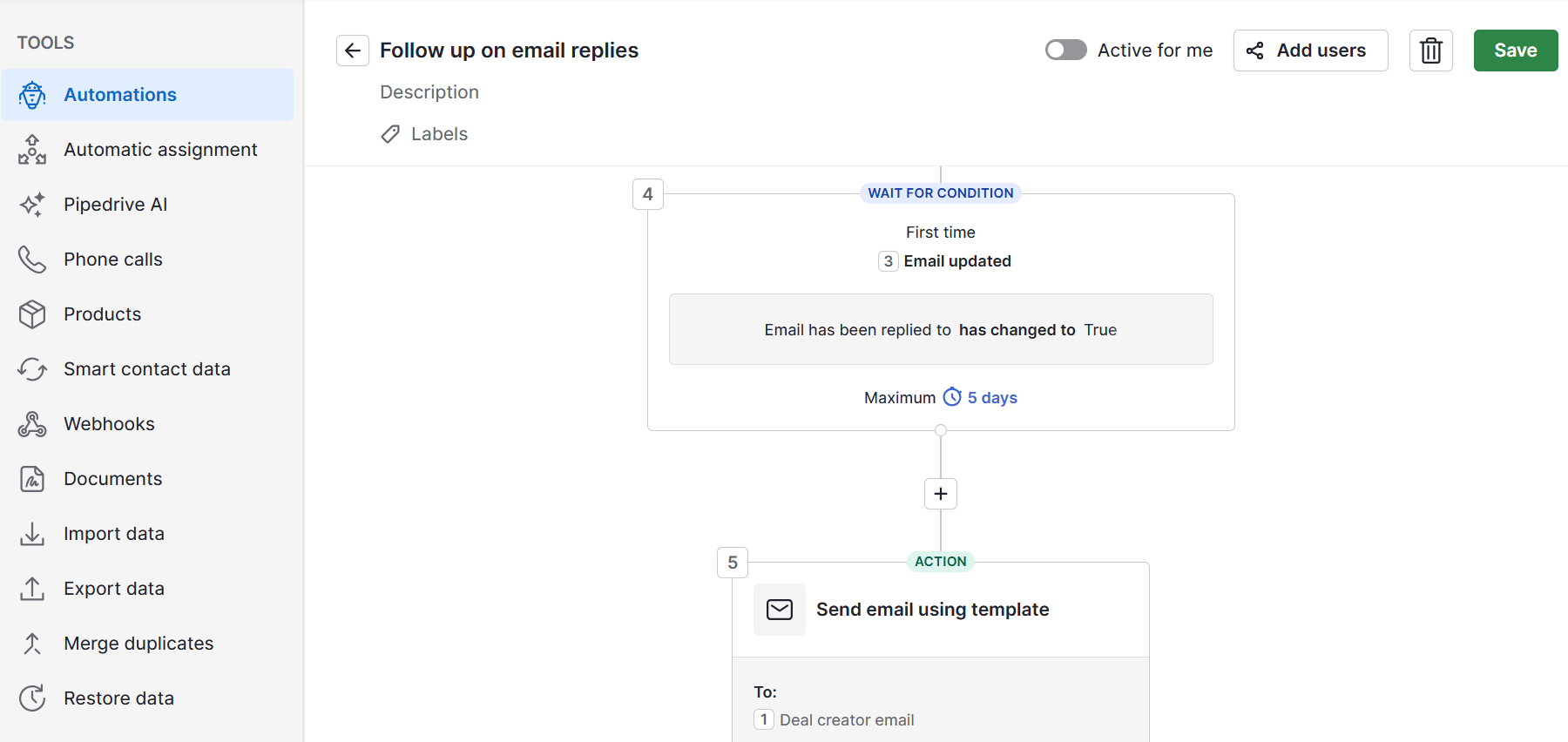 Sales calendar Pipedrive email automation campaign