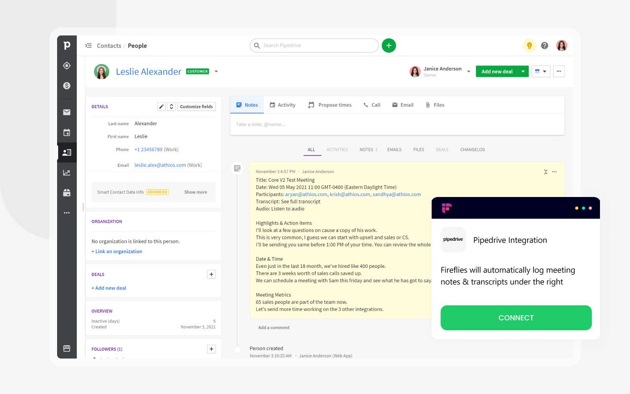 Sales coaching software Pipedrive Fireflies AI integration