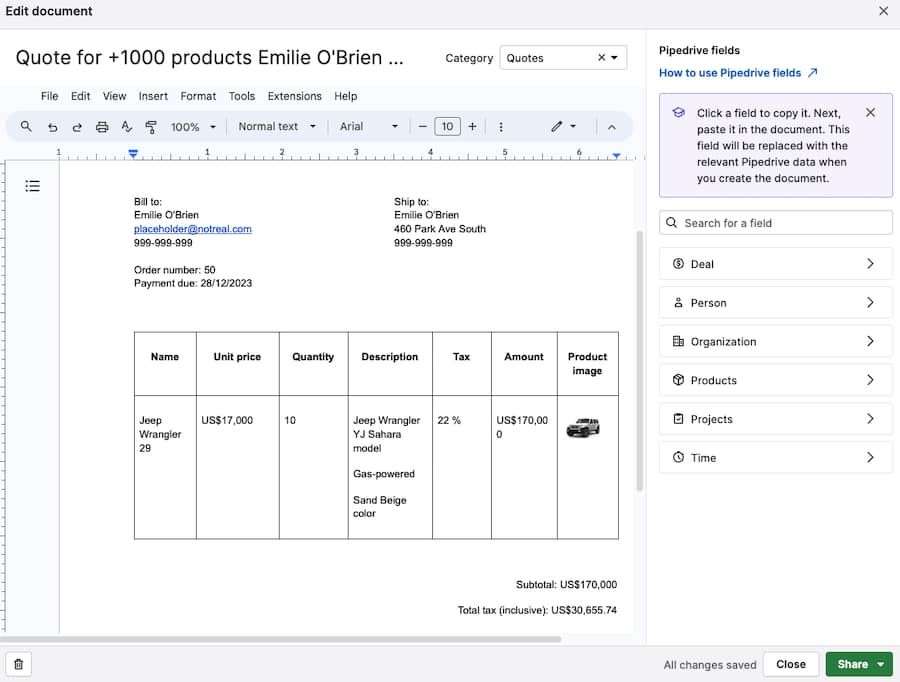 Sales inventory software Pipedrive invoice