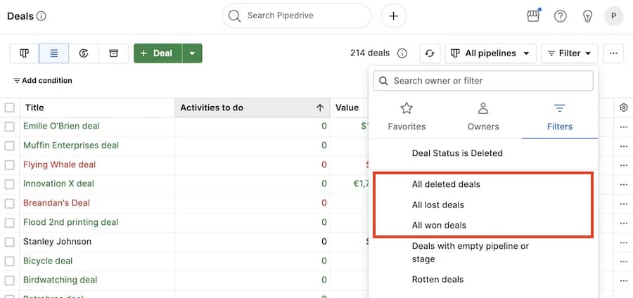 Sales lead qualification Pipedrive deal filters