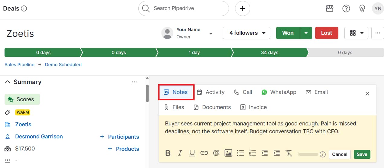 Sales methodology Pipedrive custom notes