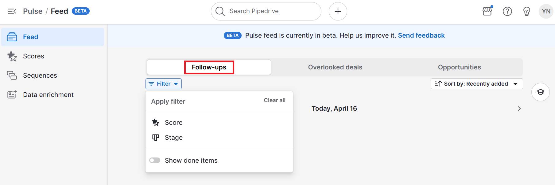 Sales pipeline template follow-ups in Pipedrive