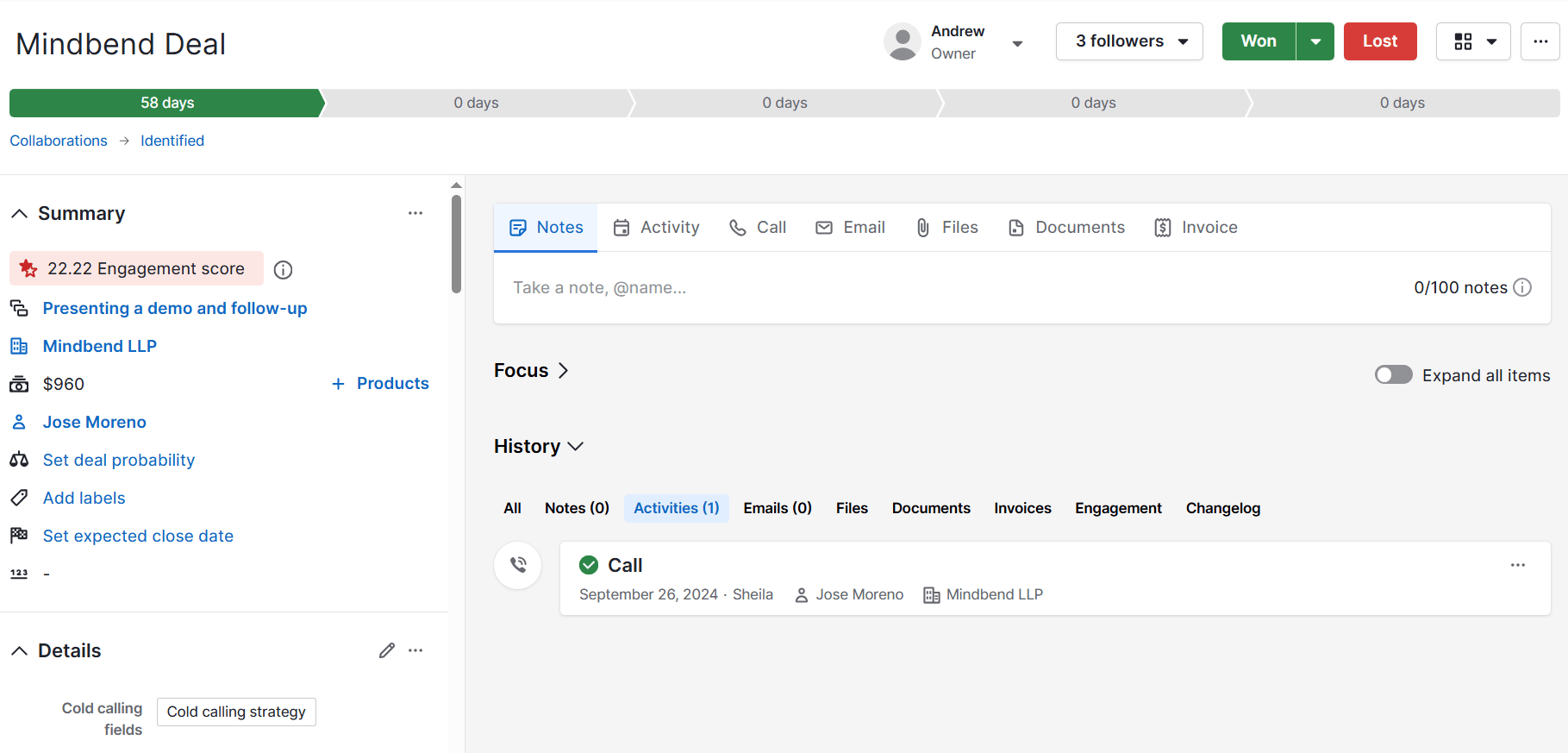 Sales process Pipedrive contact detail view