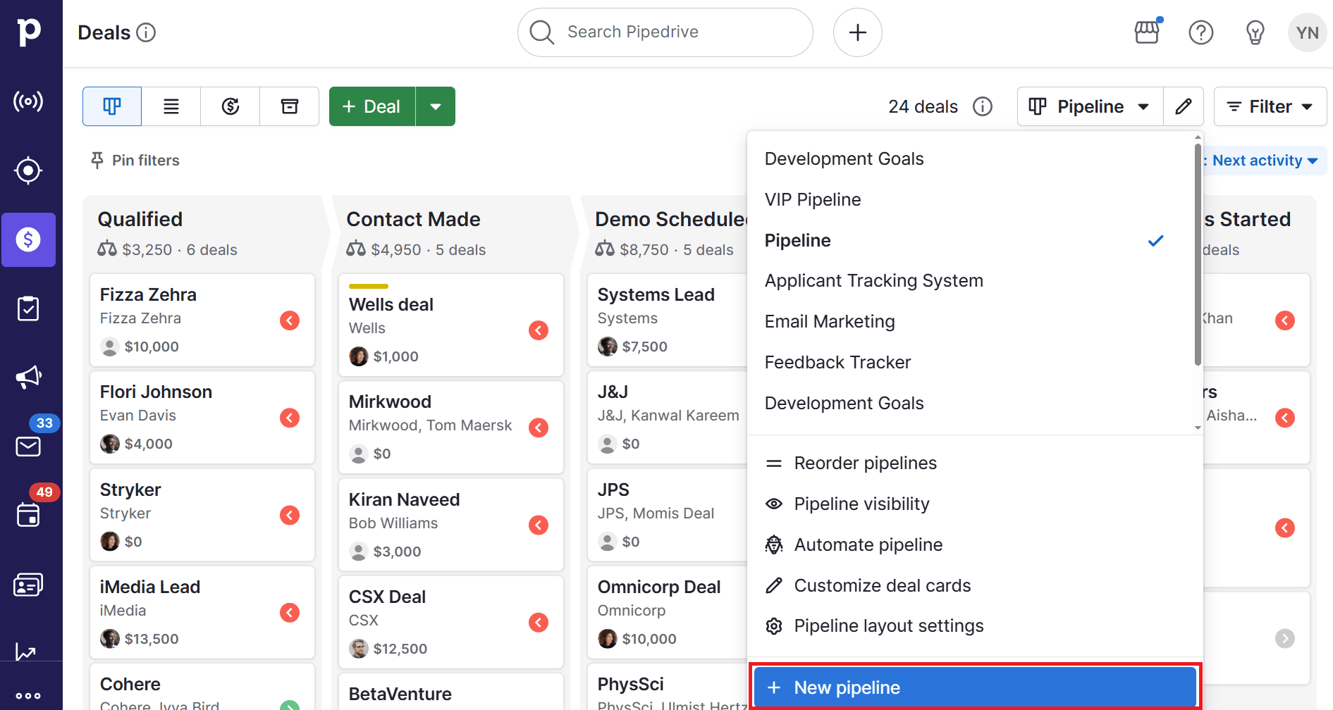 Sales project management Pipedrive new pipeline