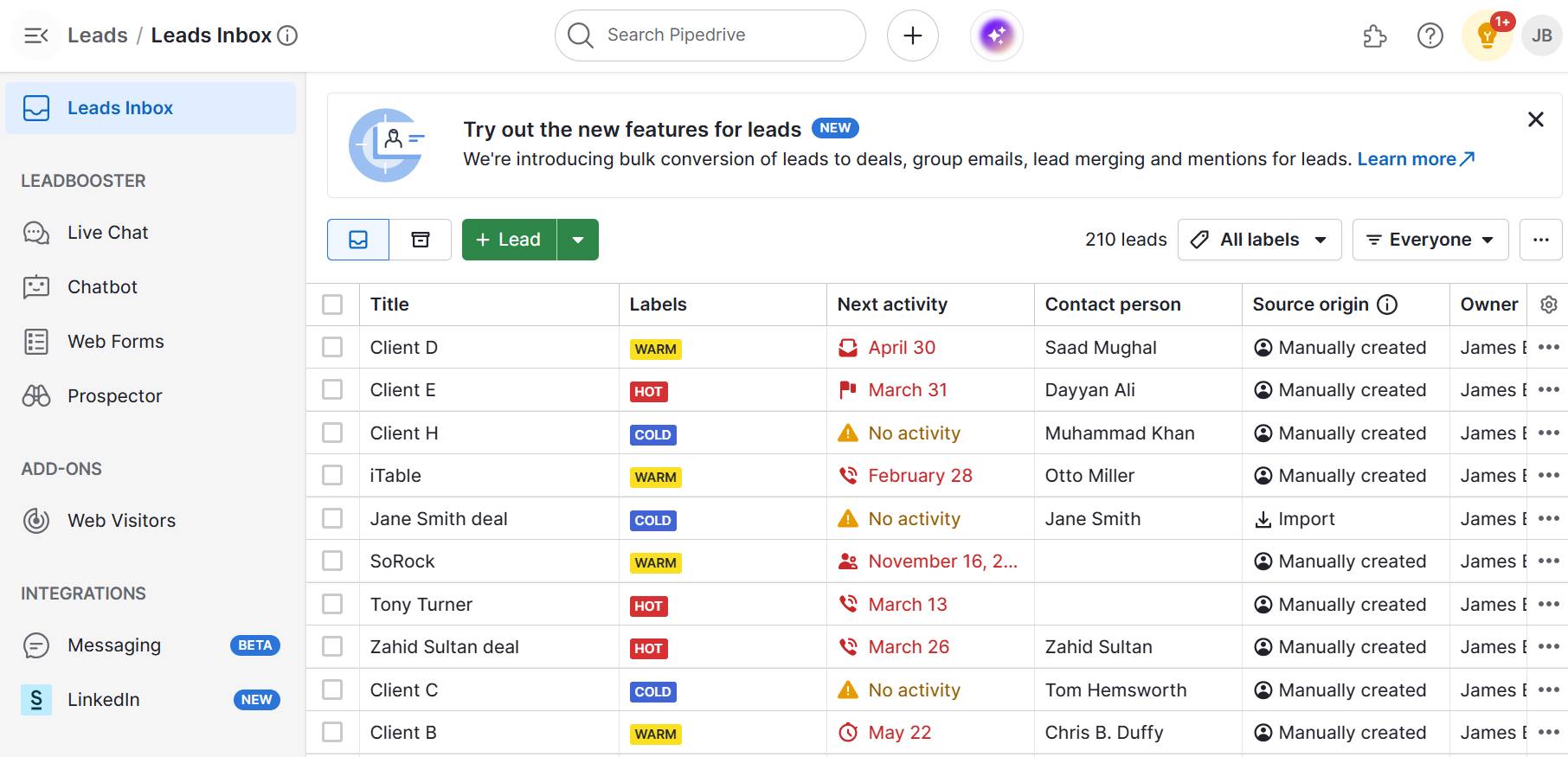 Sales support Pipedrive Lead Inbox feature