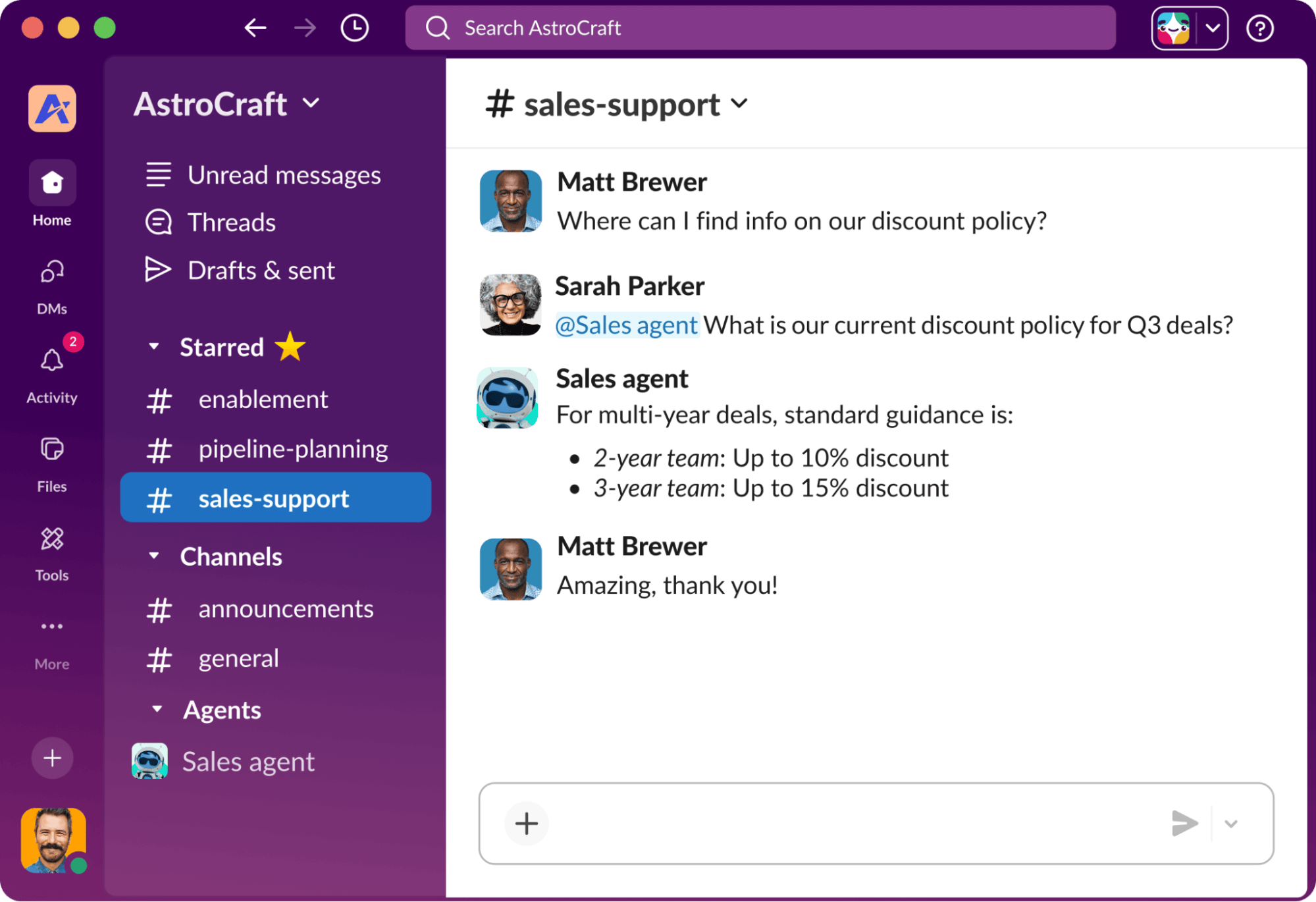 Sales tracking software Slack interface