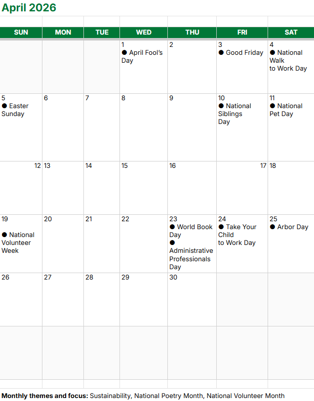 Seasonal marketing calendar template