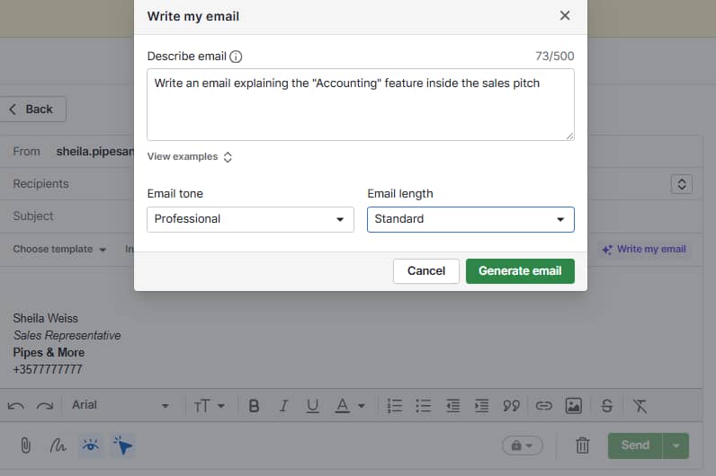 Shared inbox software Pipedrive AI email writer
