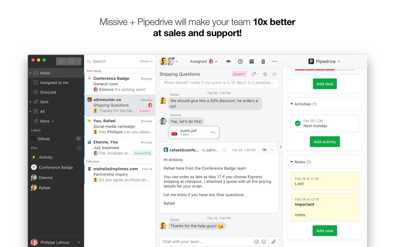 Shared inbox software Pipedrive Missive integration