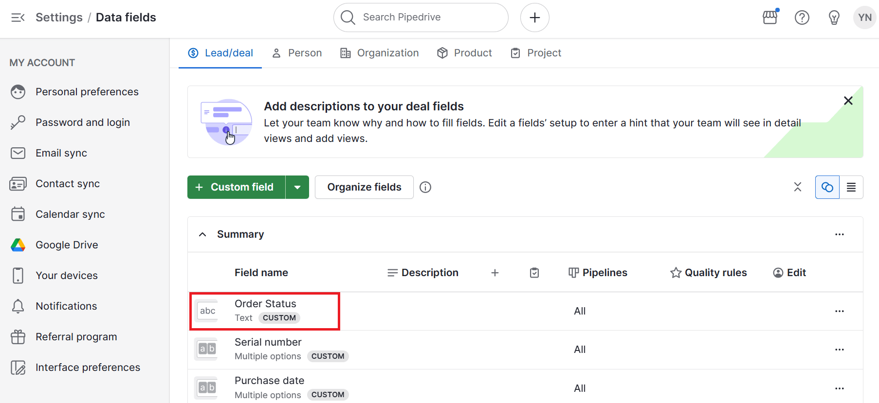 Small Business Production Software Pipedrive custom field
