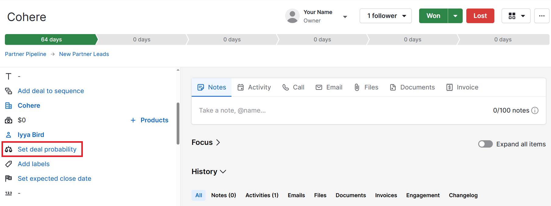 Social media marketing calendar Pipedrive deal probability