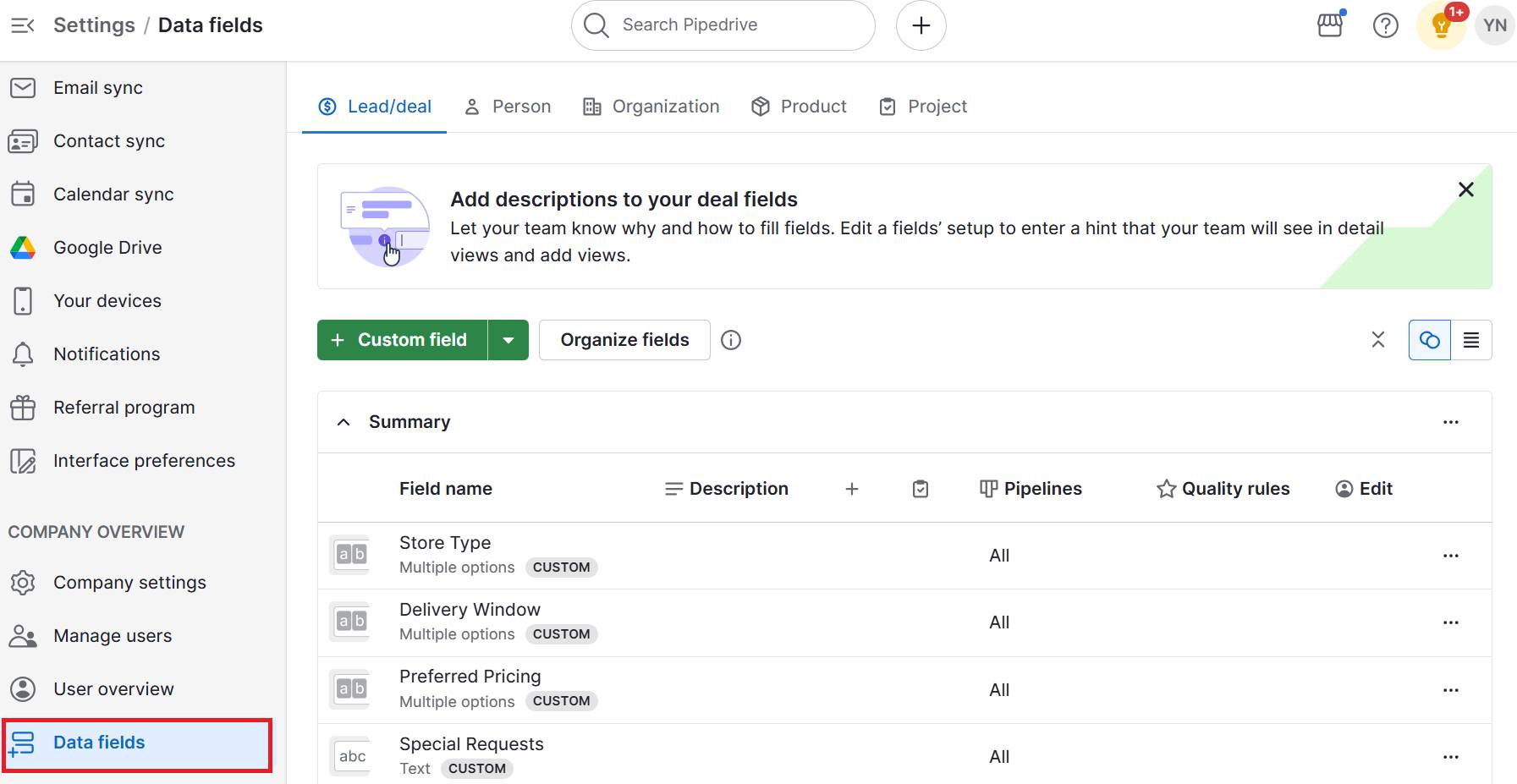 Social media marketing calendar Pipedrive custom fields