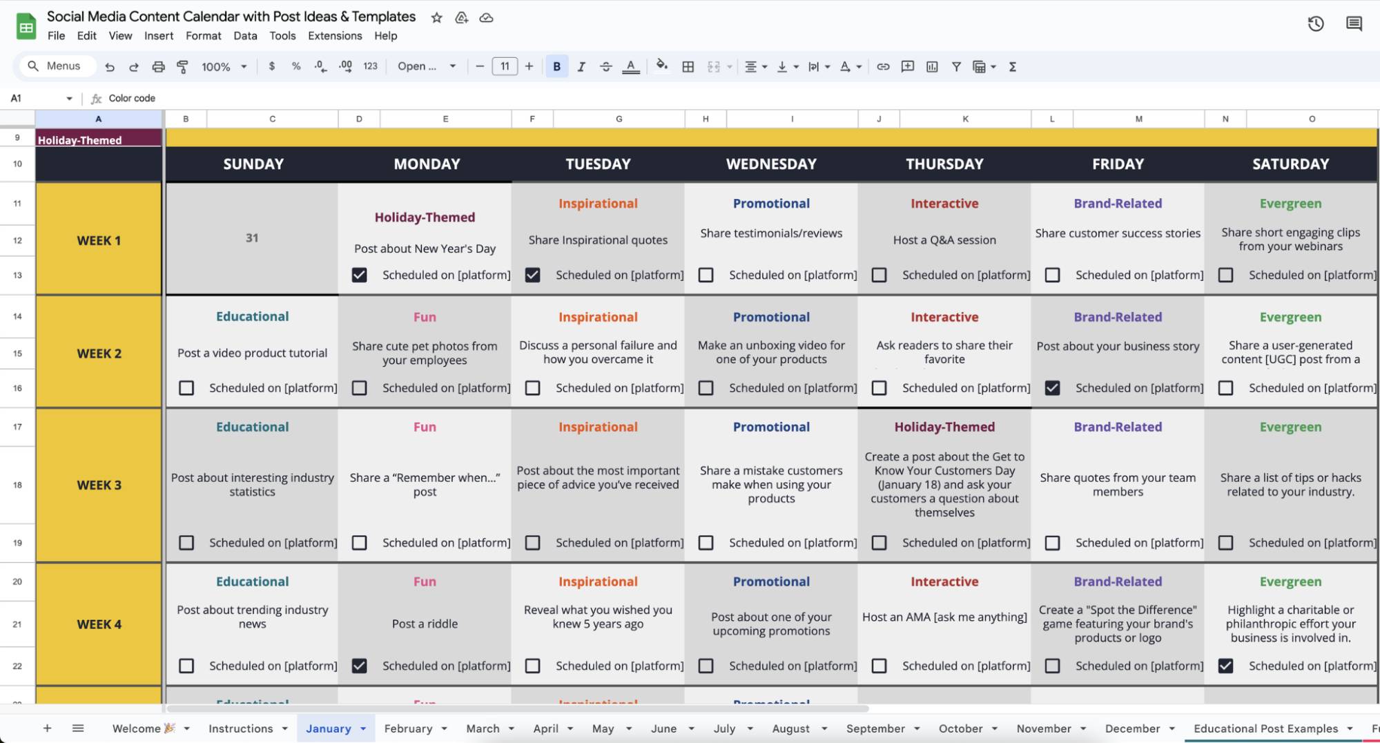 Social media marketing calendar example