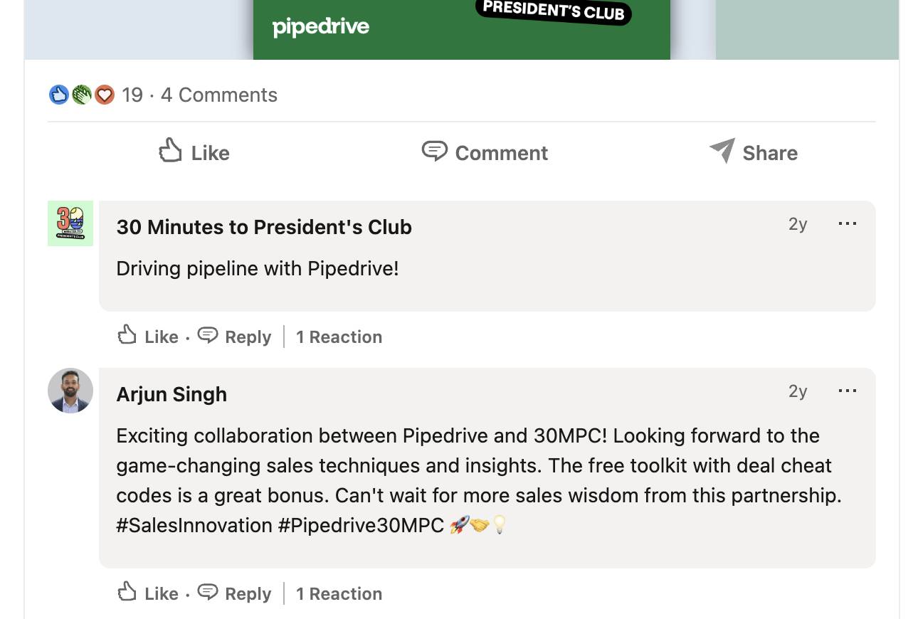 Social selling Pipedrive LinkedIn comment