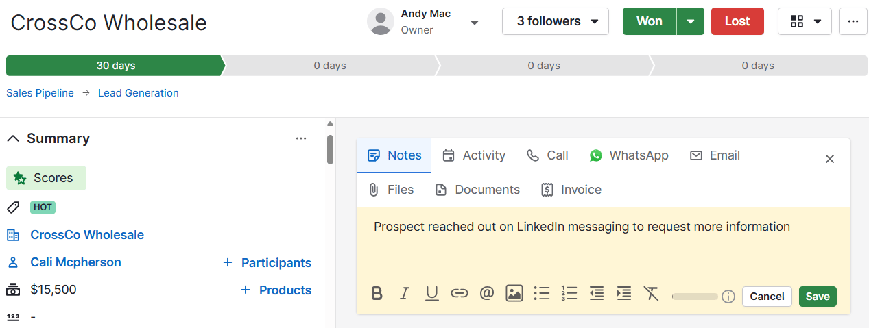 Social selling Pipedrive custom notes