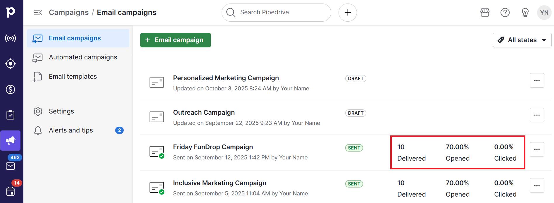 Welcome email Pipedrive email engagement metrics