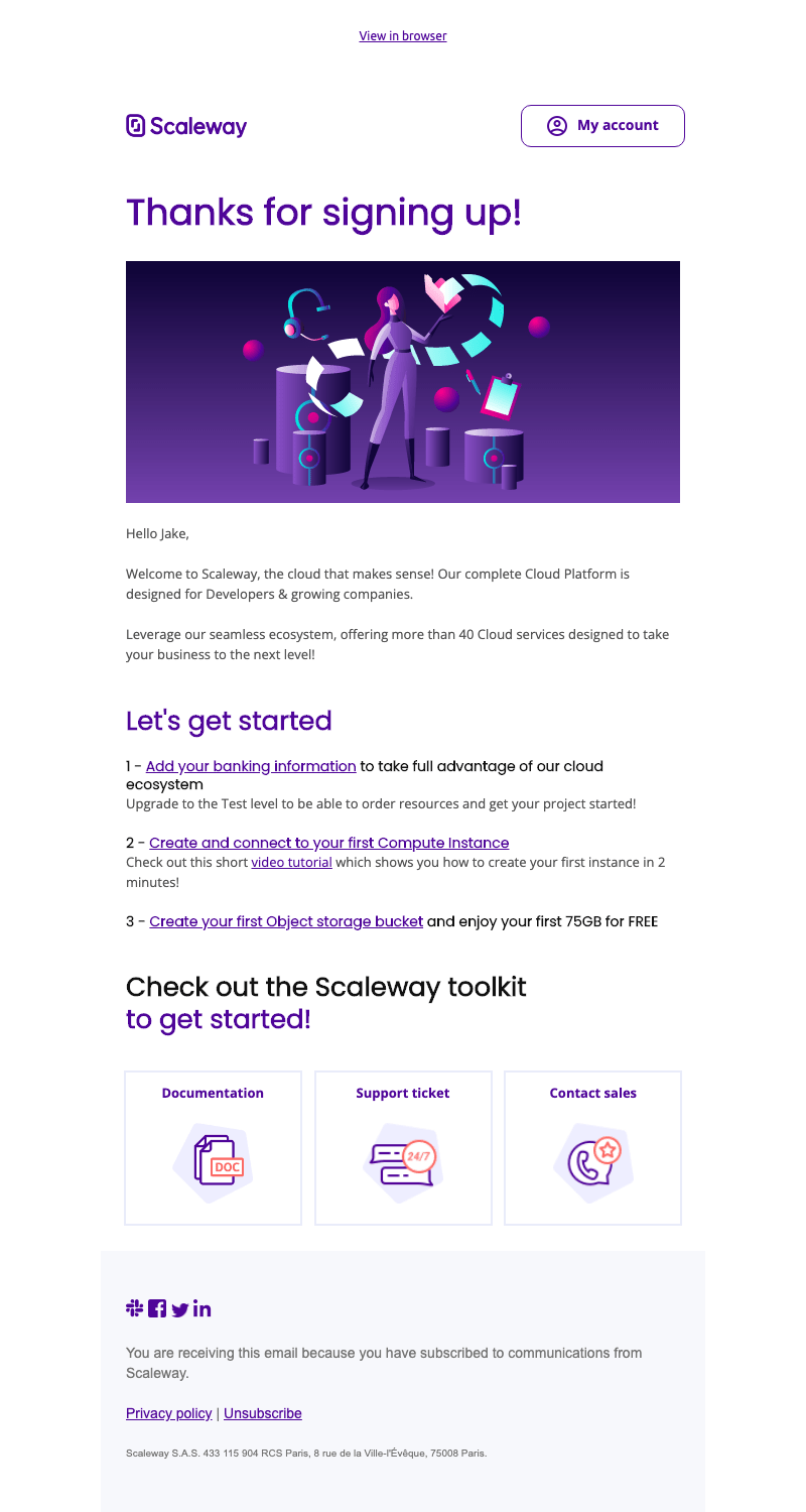 Welcome email Scaleway