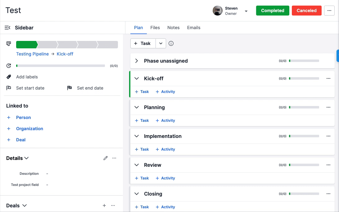 Work breakdown structure Pipedrive add task to phase