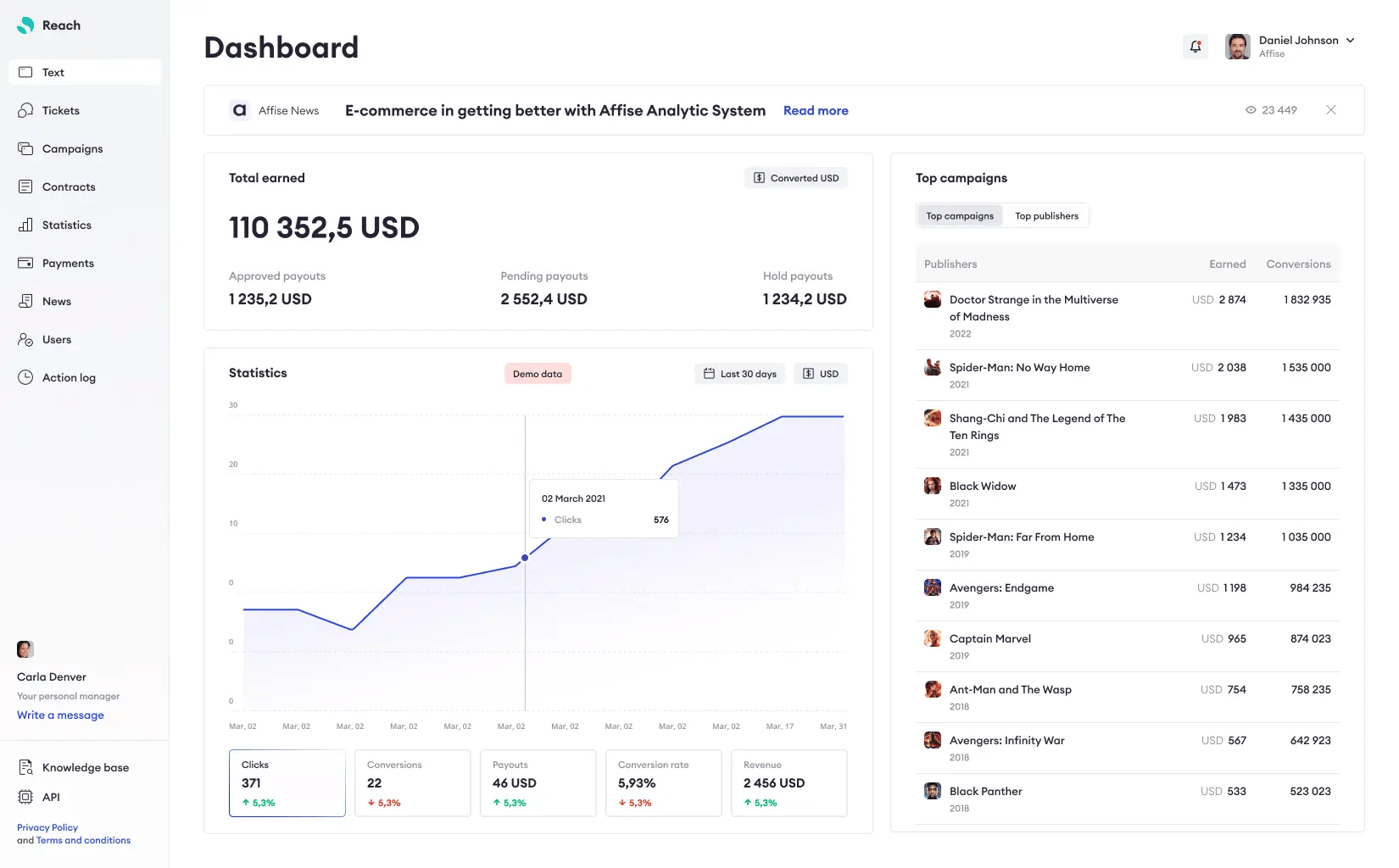 affiliate marketing software affise interface