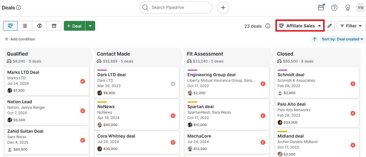 affiliate sales pipedrive pipelines