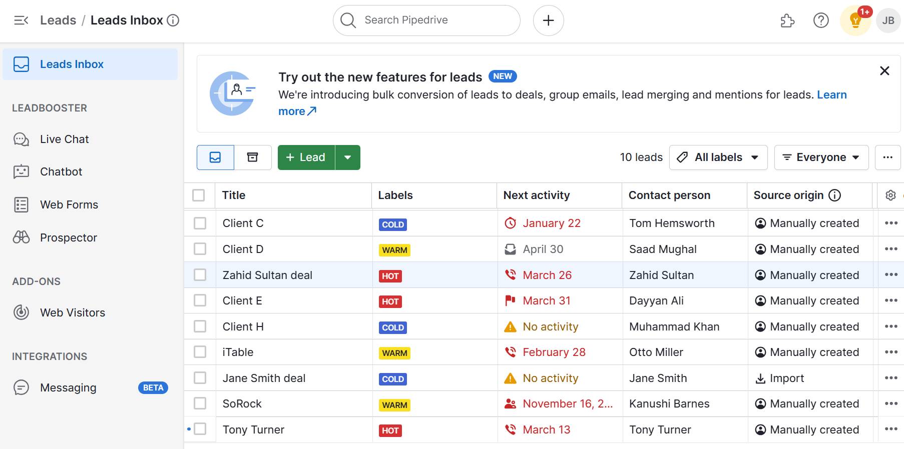Conversion funnel Pipedrive leads inbox