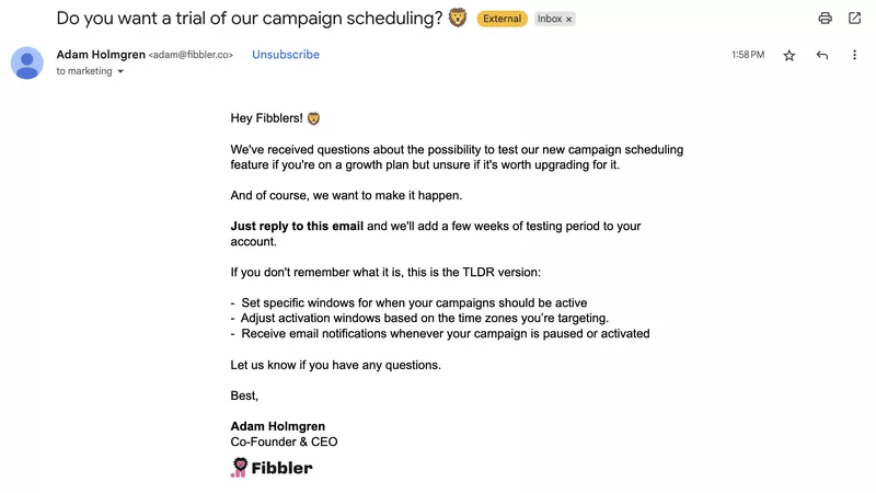 customer appreciation Fibbler campaign scheduling trial email