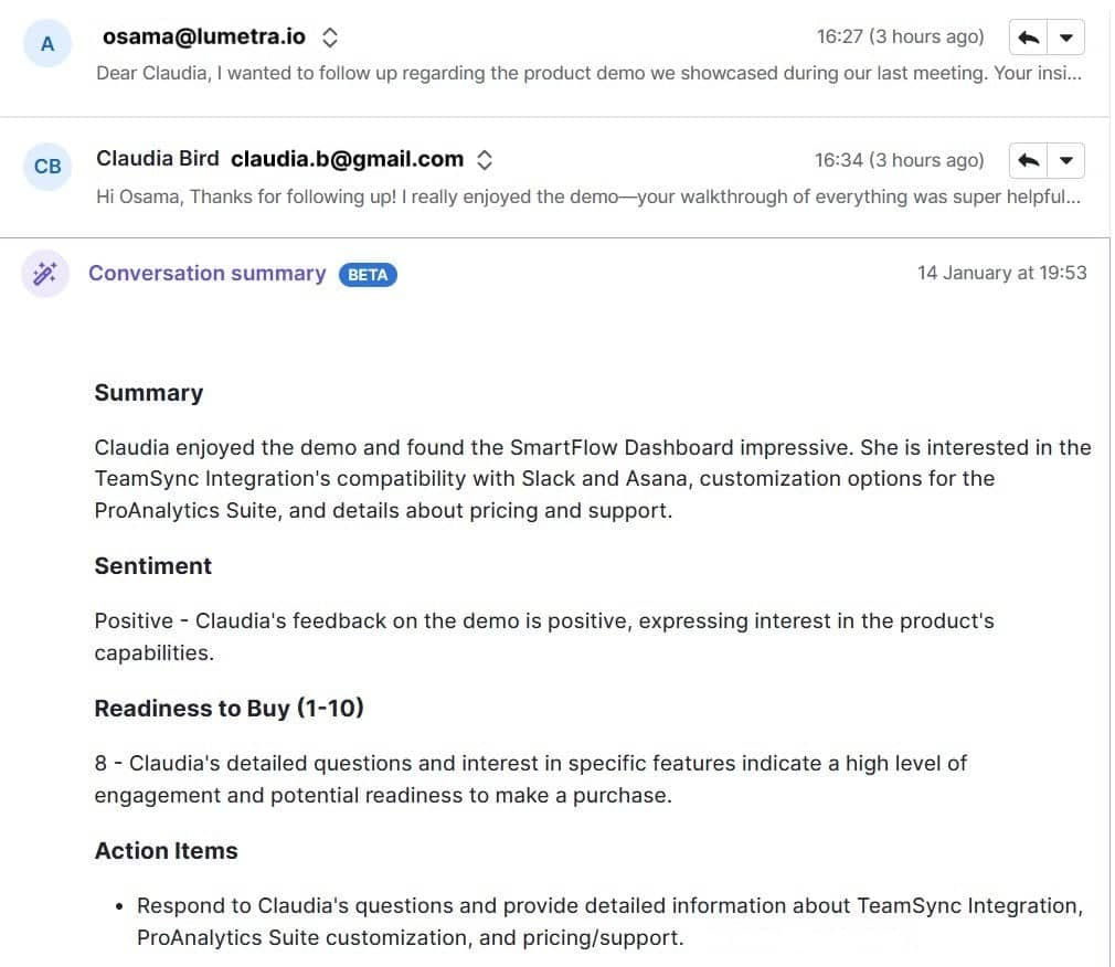 customer delight Pipedrive AI email summary