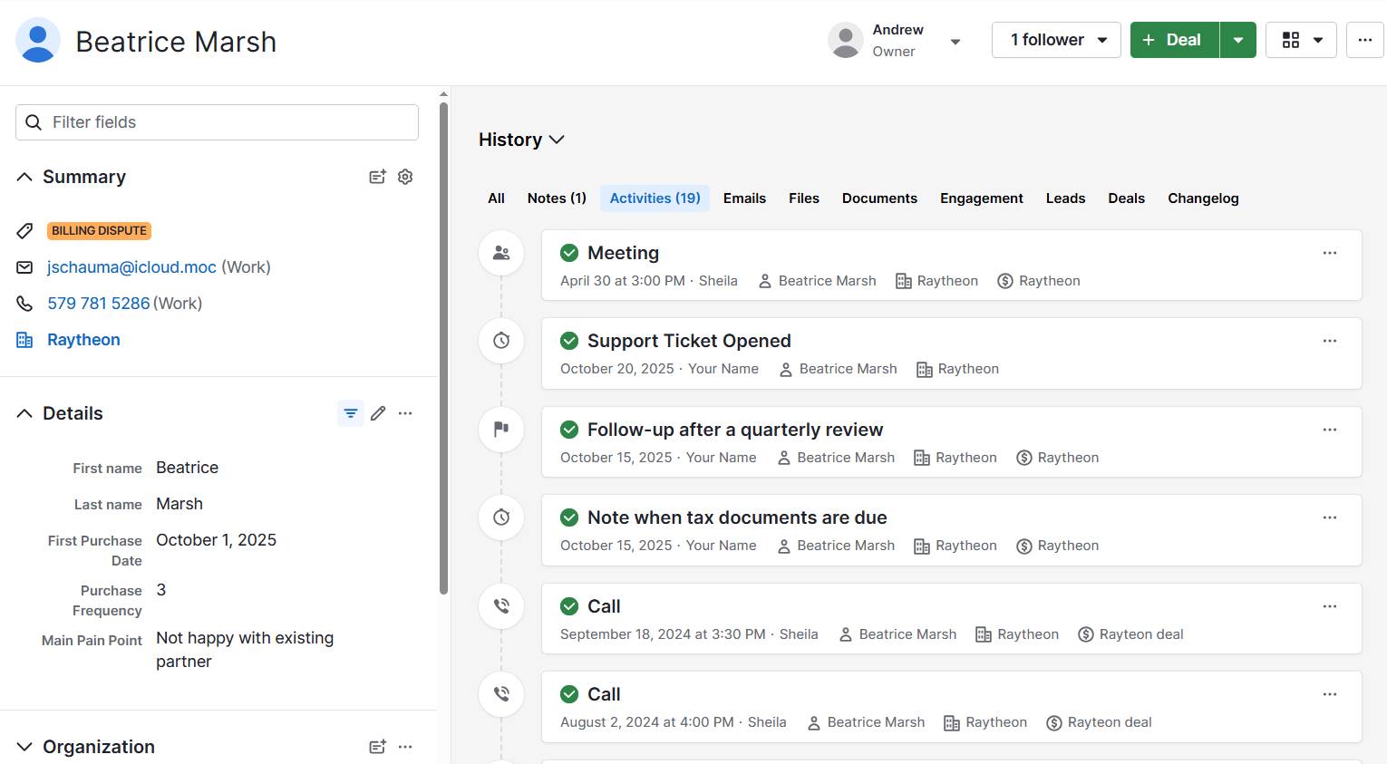 customer engagement Pipedrive contact history
