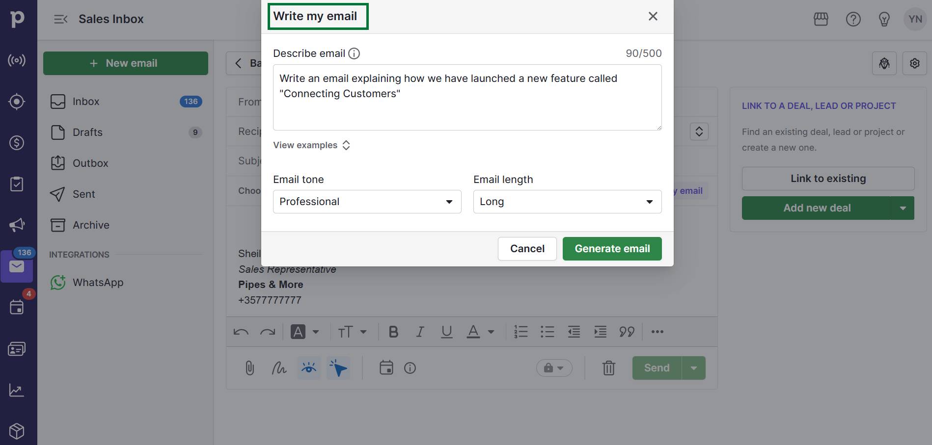 customer interaction management Pipedrive AI email writer