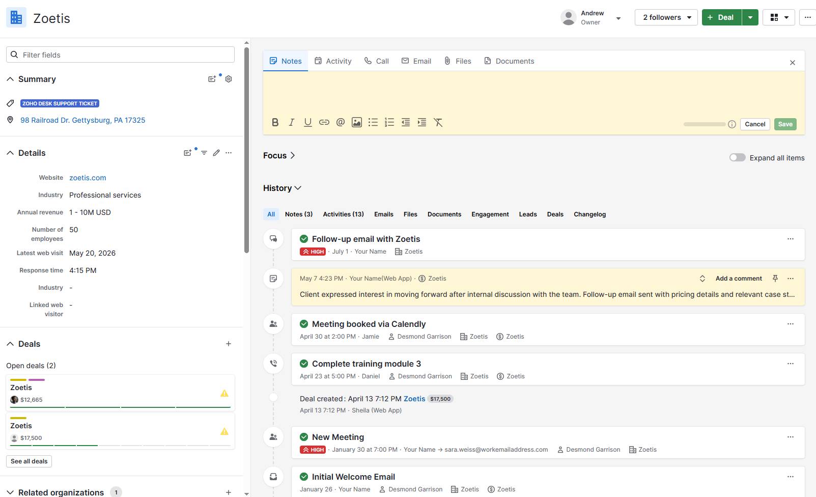customer interaction management Pipedrive deal details view
