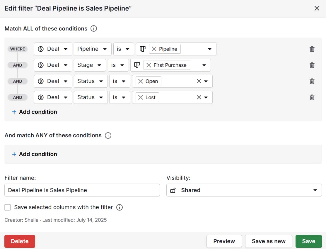 customer marketing Pipedrive leads filter