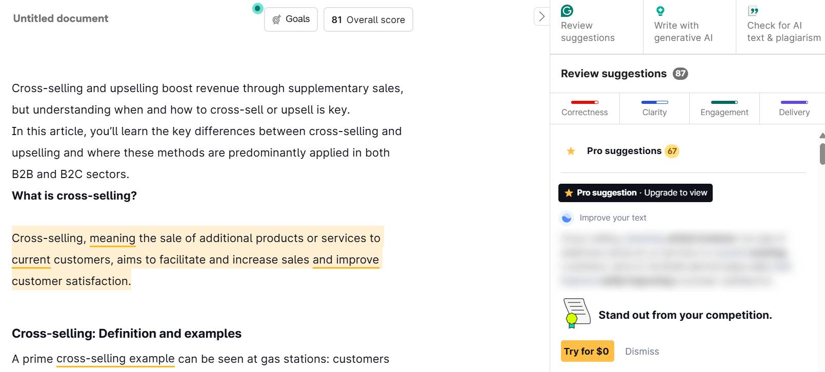 customer marketing grammarly upselling