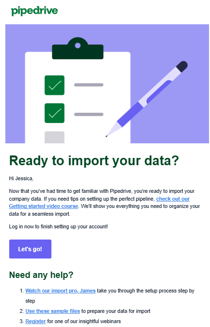 customer marketing pipedrive onboarding email