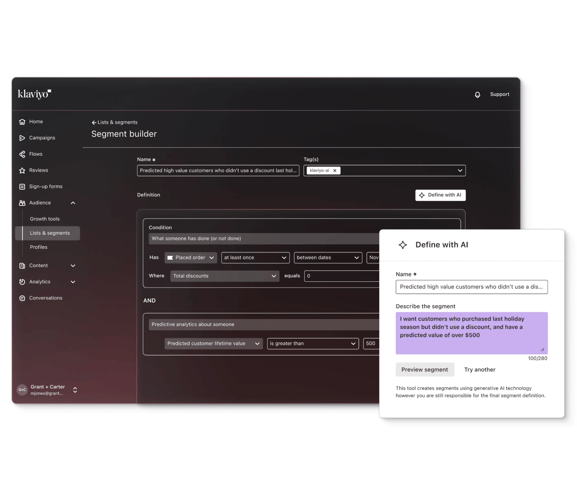 e-commerce CRM Klaviyo segmentation view