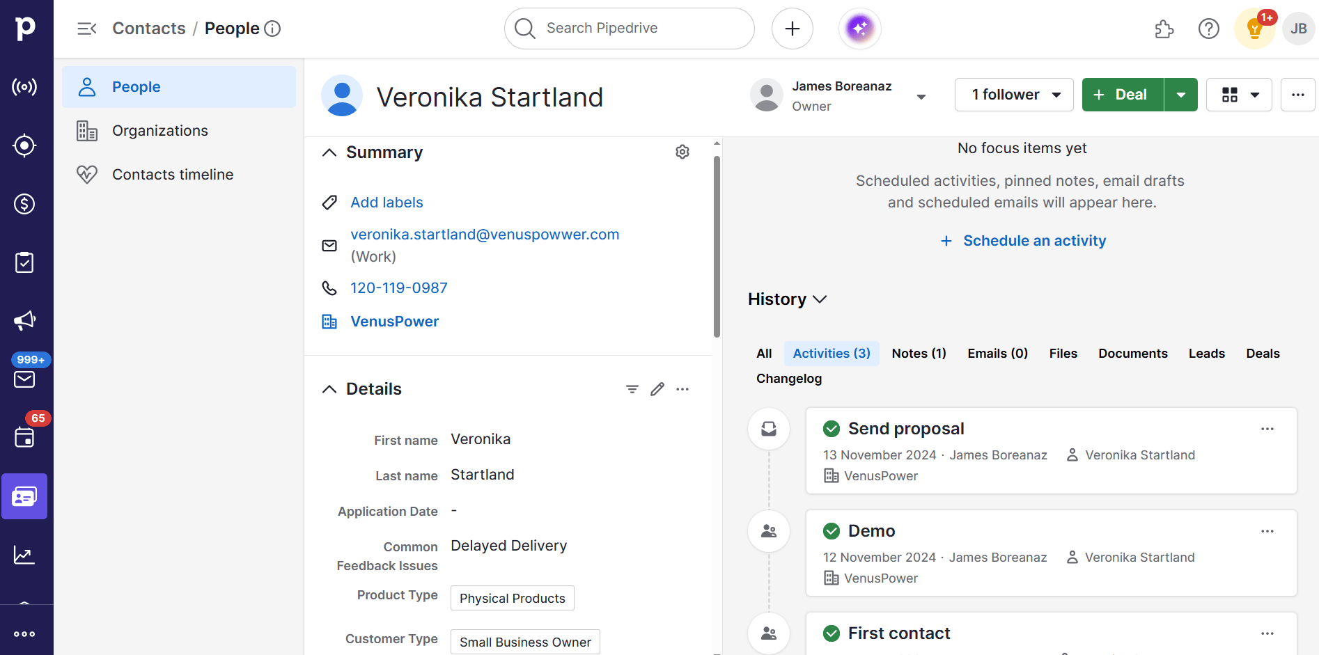 email automation tools Pipedrive contact view