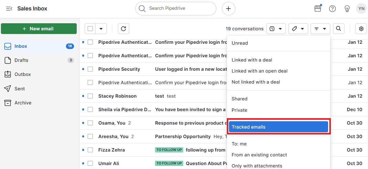 email marketing calendar Pipedrive email tracking