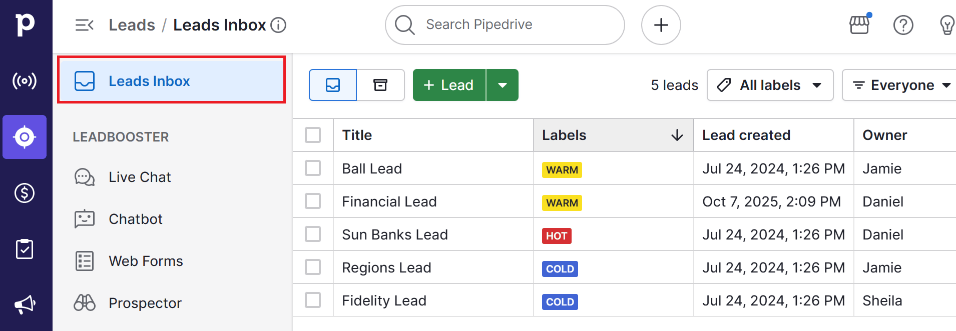 email marketing calendar Pipedrive's Leads Inbox
