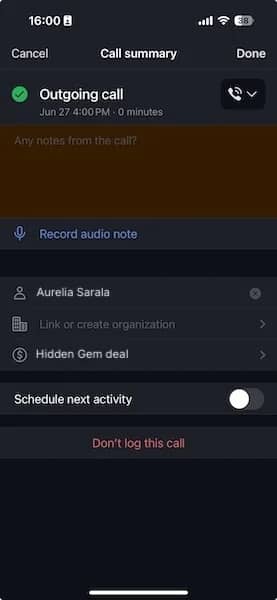founder-led sales Pipedrive call summary view