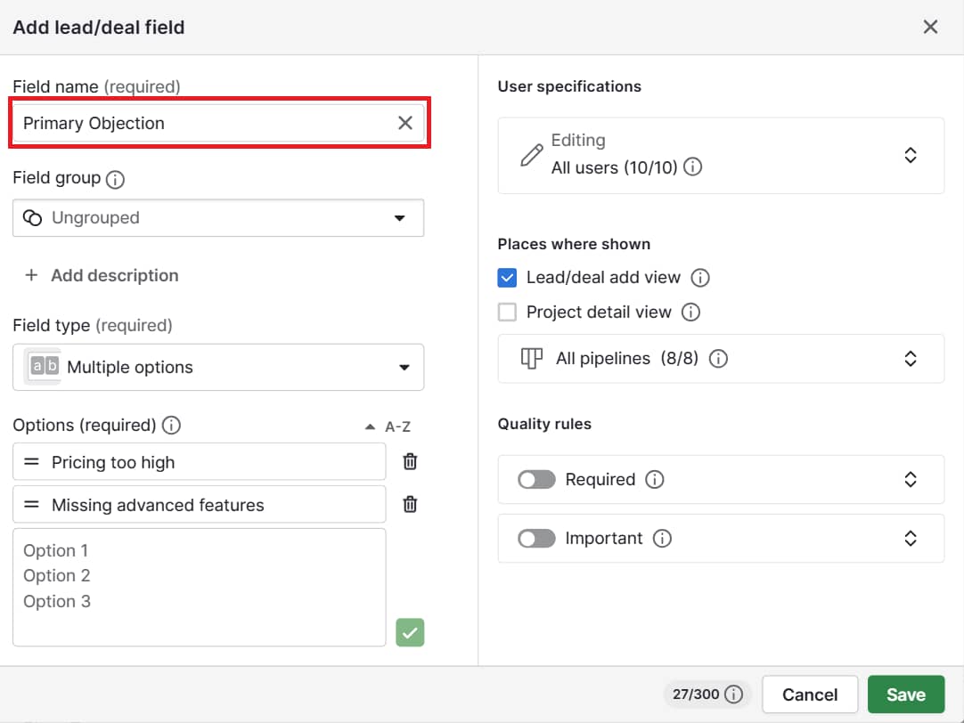 Customer behavior Pipedrive add custom field