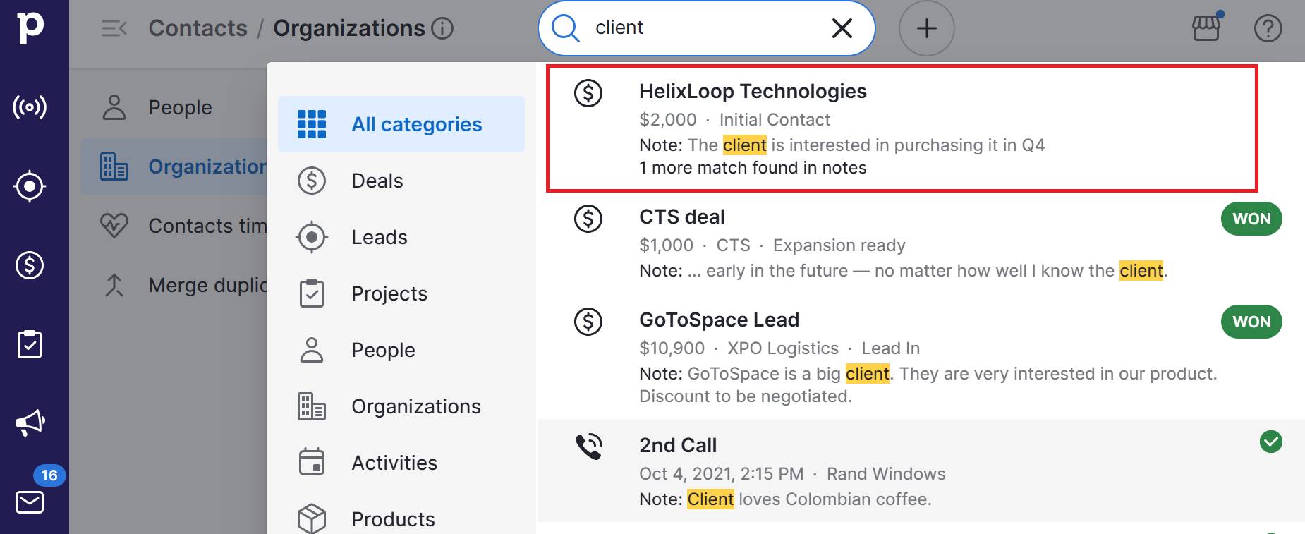 How to get clients Pipedrive notes feature